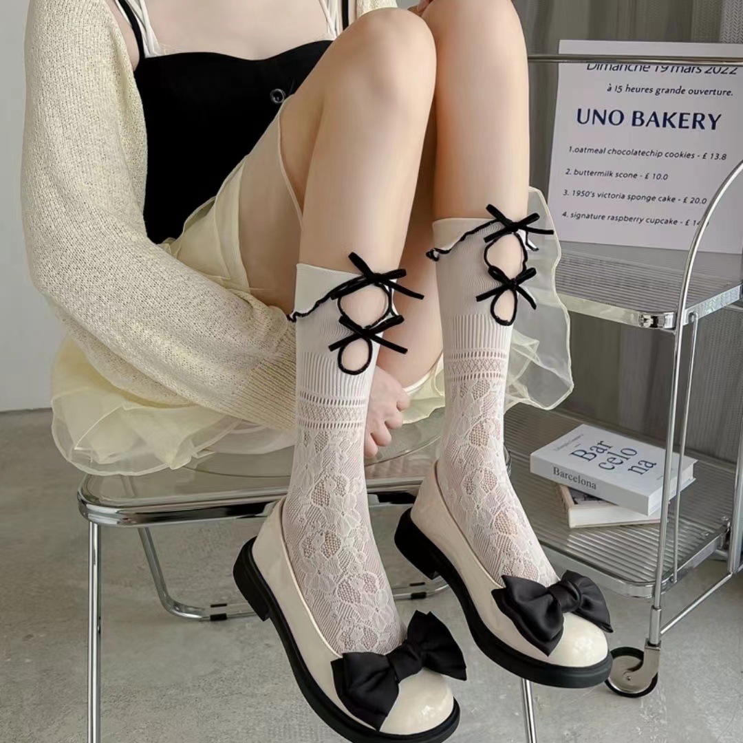 Double Bow Mid-length Socks Lolita Girls Socks Bow Hollow JK Girls Shoehock Socks Fresh Style Stocking