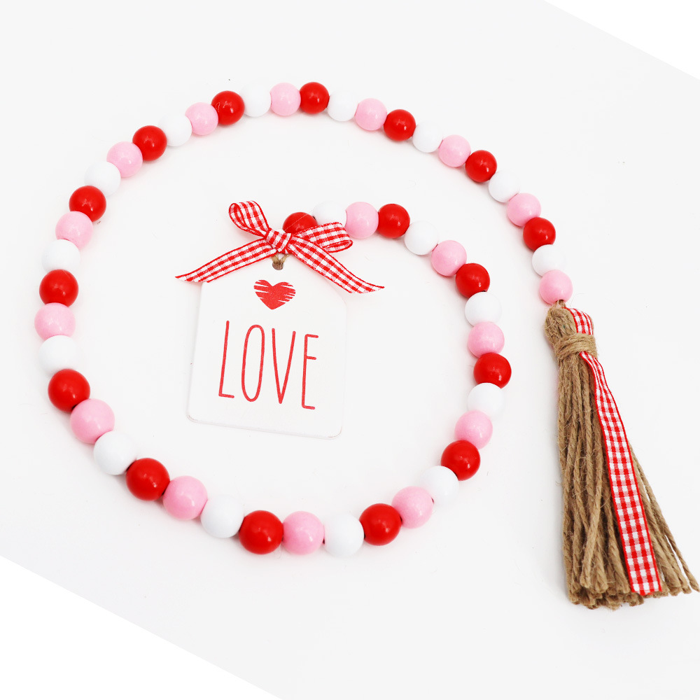 Picture of Valentine's day wooden bead hemp rope tassel beaded romantic ornament Love white wood bead string home decoration pendant