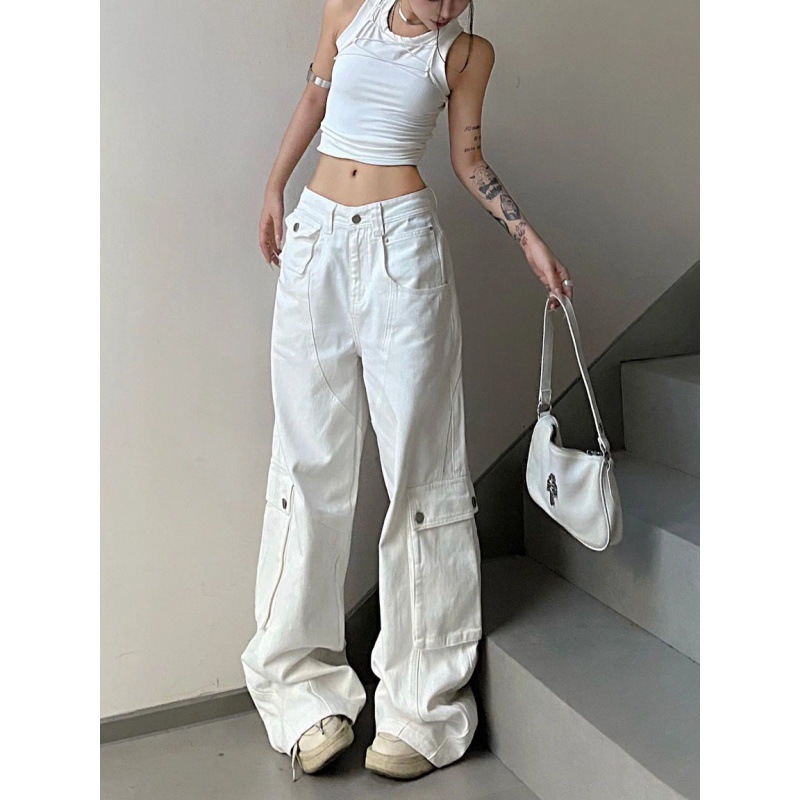 plus size American Style White Straight Tooling Jeans Women's Autumn High Waist Heavy Industry Design Loose Wide Leg Pants