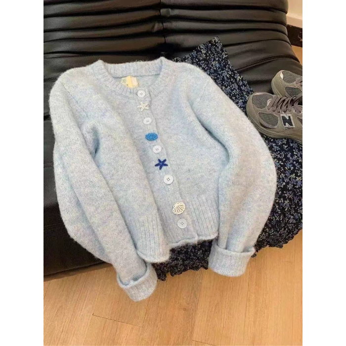 Picture of Korean Style Soft Waxy Lazy Style Blue Sweater Coat Women's Autumn High-end Loose Slimming Knitted Cardigan Top Trendy