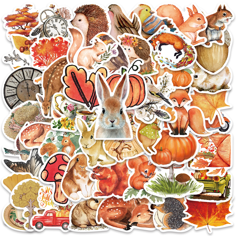 50 Cross-Border New Autumn Forest Sika Deer Rabbit Squirrel Stickers Suitcase Book Water Cup Graffiti Stickers