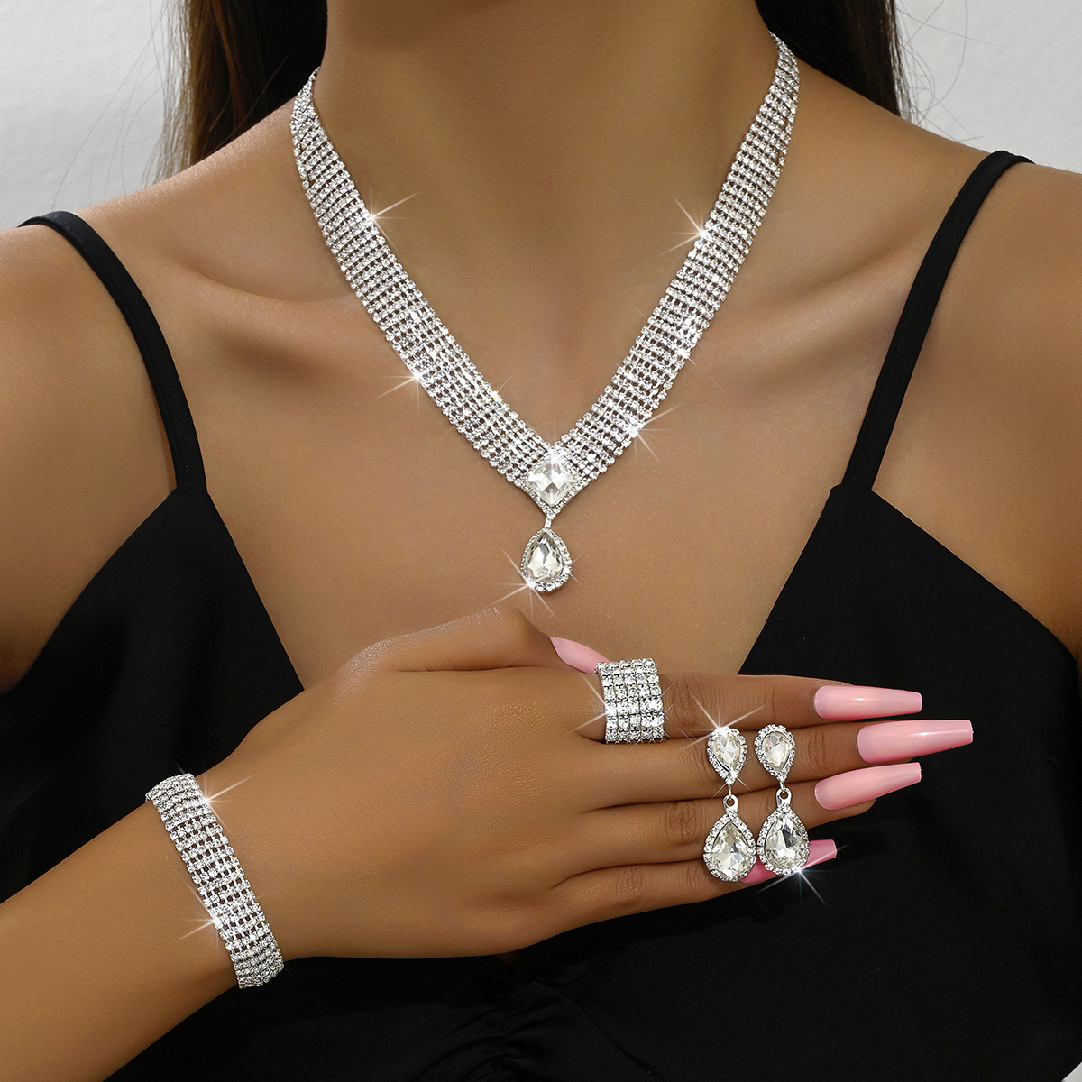 Cross-border recommended European and American bridal jewelry full diamond wedding set necklace earrings bracelet ring wedding accessories