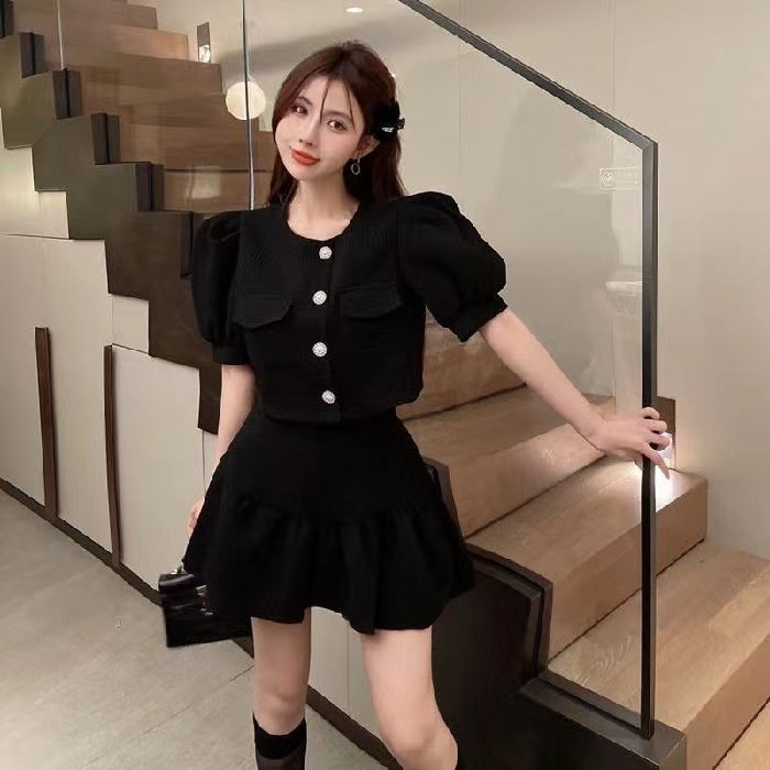 Picture of Elegant socialite Chanel style puff sleeve bow shirt top high waist pleated skirt two-piece suit for women Summer