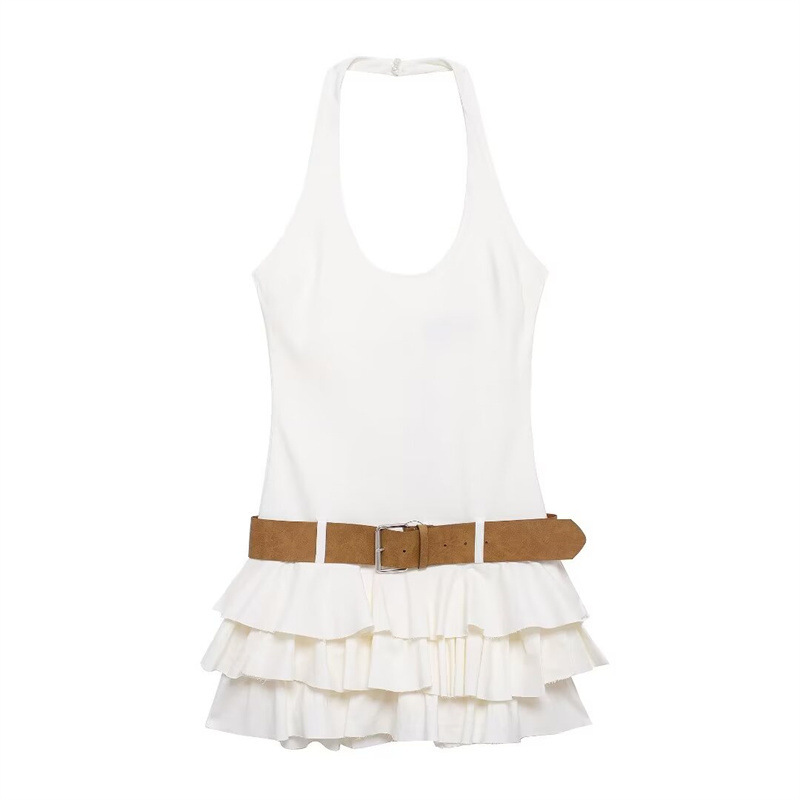 Foreign trade women's clothing wholesale French pure want to hang neck backless dress hot girl laminated with belt skirt 8342309