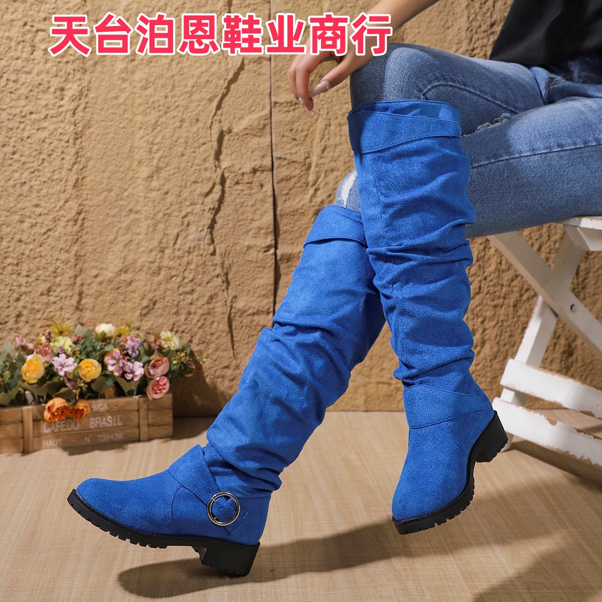 Picture of 2025 Foreign Trade European and American Fashion Autumn/Winter New In-Stock Low Heel Pleated Women's Leather Boots, Western Denim Mid-Calf Women's Boots