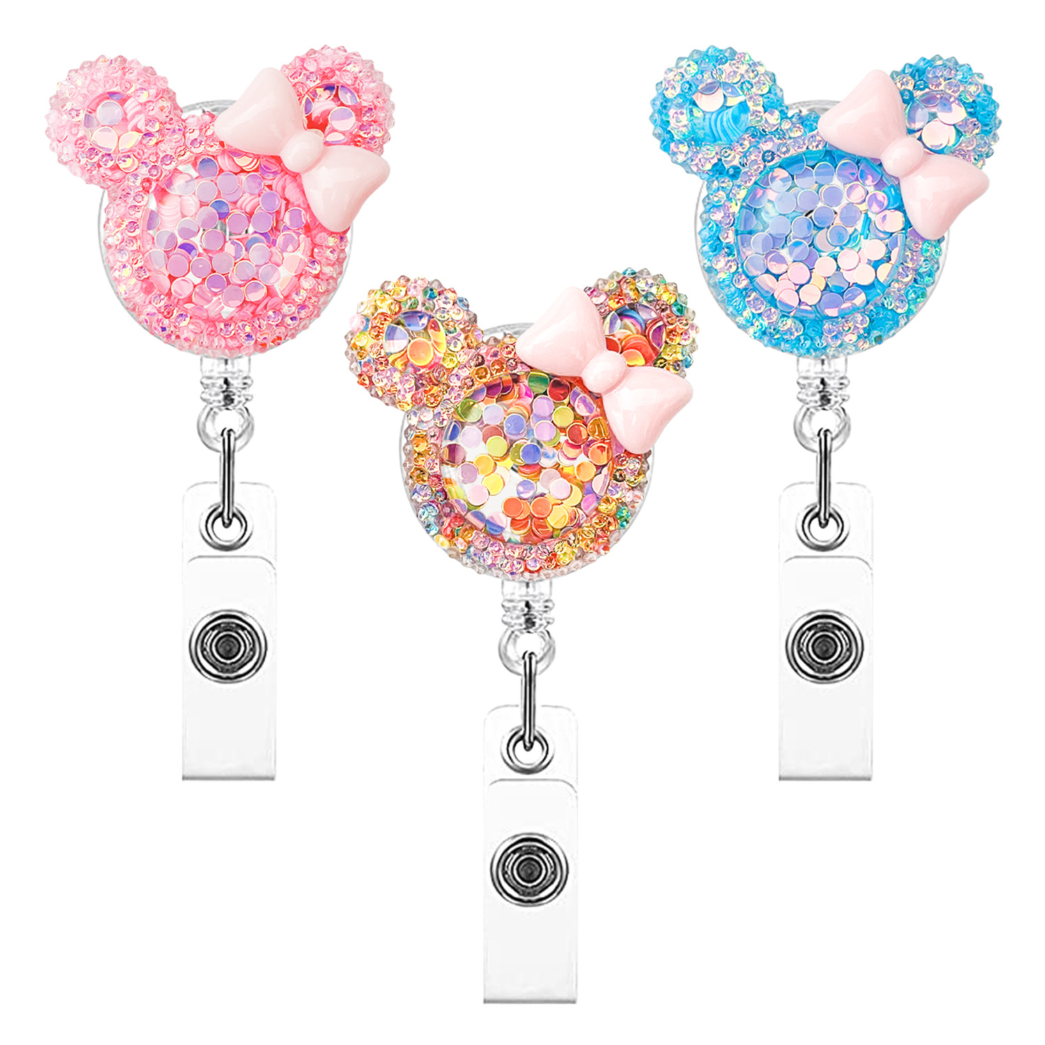 Crystal Acrylic Sequin Easy Pull Buckle Easy Pull Bow Mouse Retractable Rotating Transparent Badge Scroll