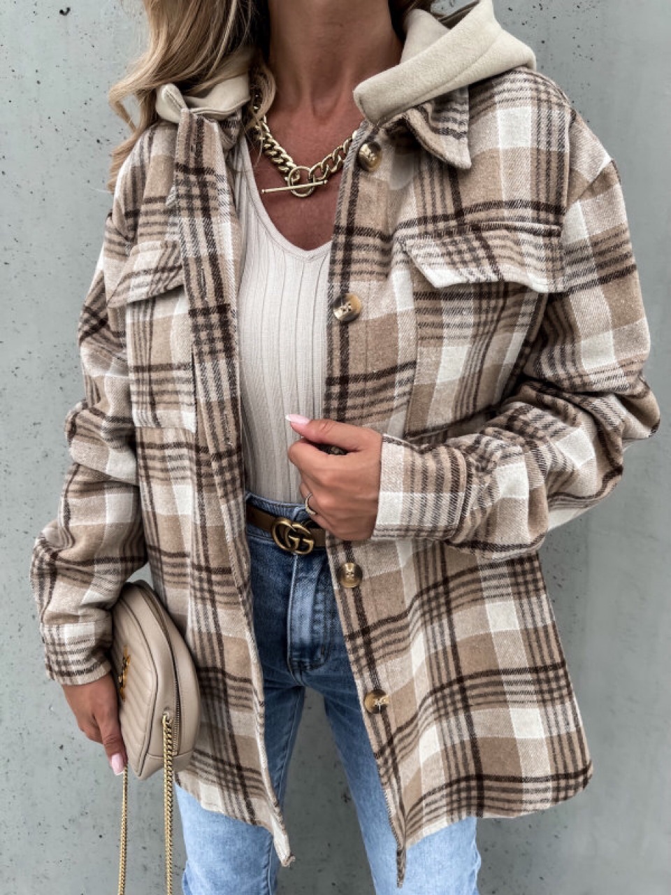 Picture of Ins Hot Autumn European and American Laps Loosen Women's Hooded (Removable) Plaid Woolen Jacket