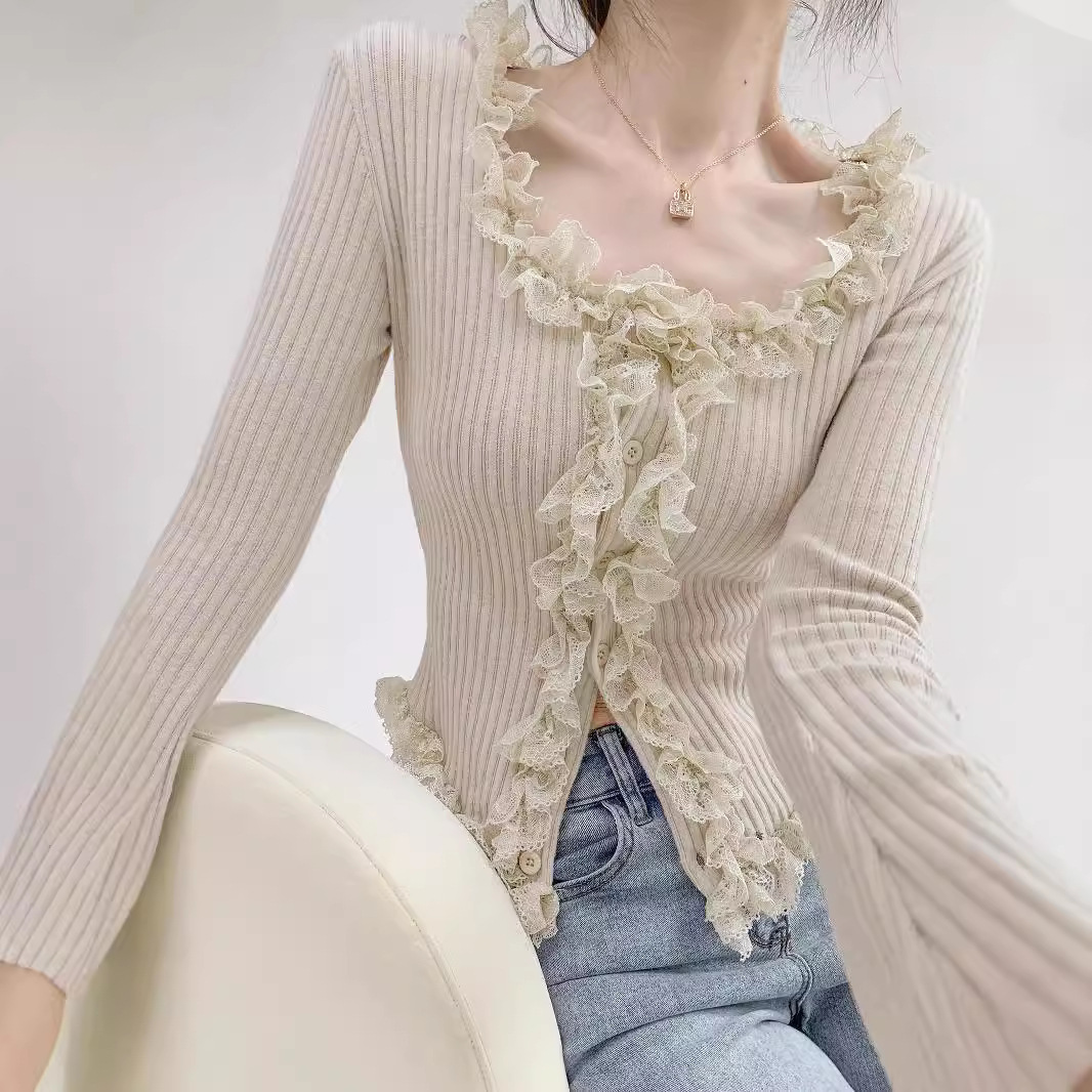 French-style Elegant Knitted Autumn and Winter Cardigan New Slim-fit Short Long-sleeved Knitted Sweater Stitching Top Base Shirt Women's Clothing