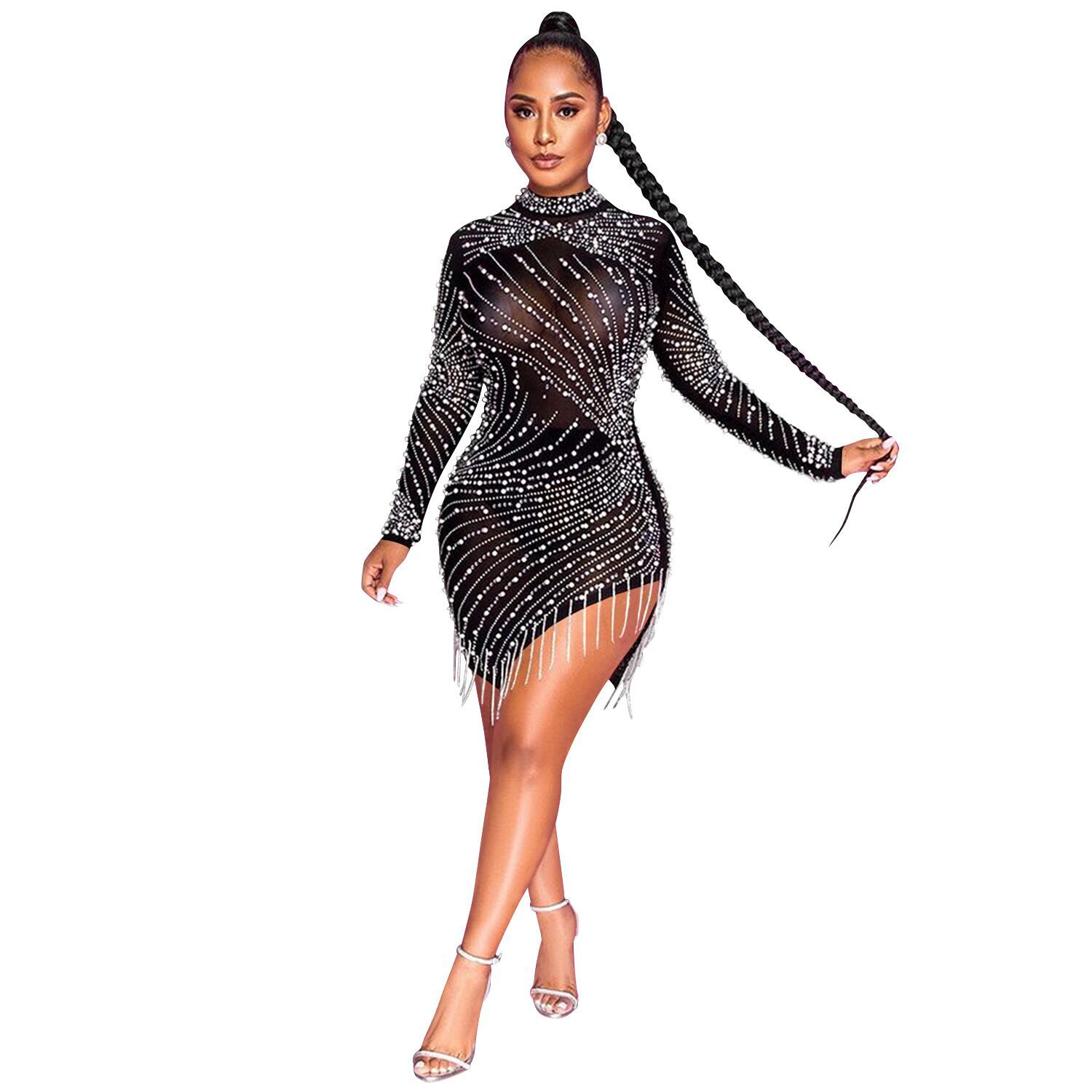 H1271 European and American Cross-border Women's Sexy Heavy Industry Luxury party bandage dress Hot Drilling Manual Beads