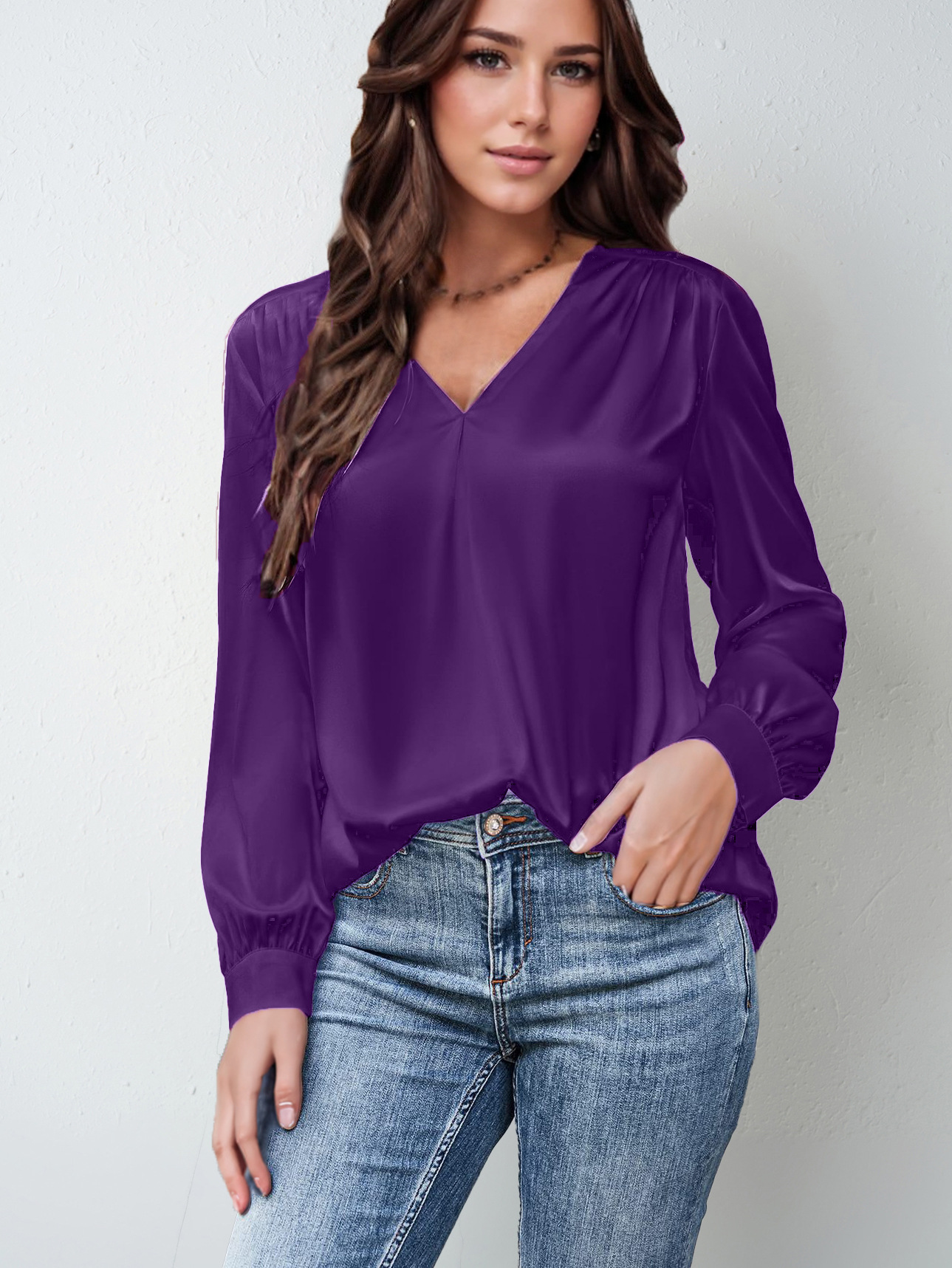Picture of 2025 Amazon Popular Women's Clothing Satin Pleated Long-Sleeved Top V Neck Casual Loose Satin Commuter Shirt