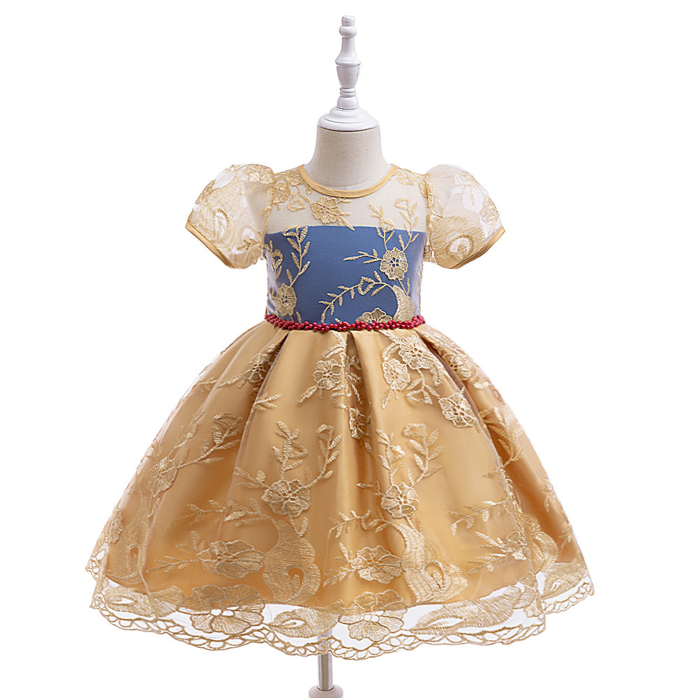 European and American Amazon Foreign Trade Gold Silk Embroidered Children's Dress with Big Bow Girl Host Catwalk Dress Ready for Sale