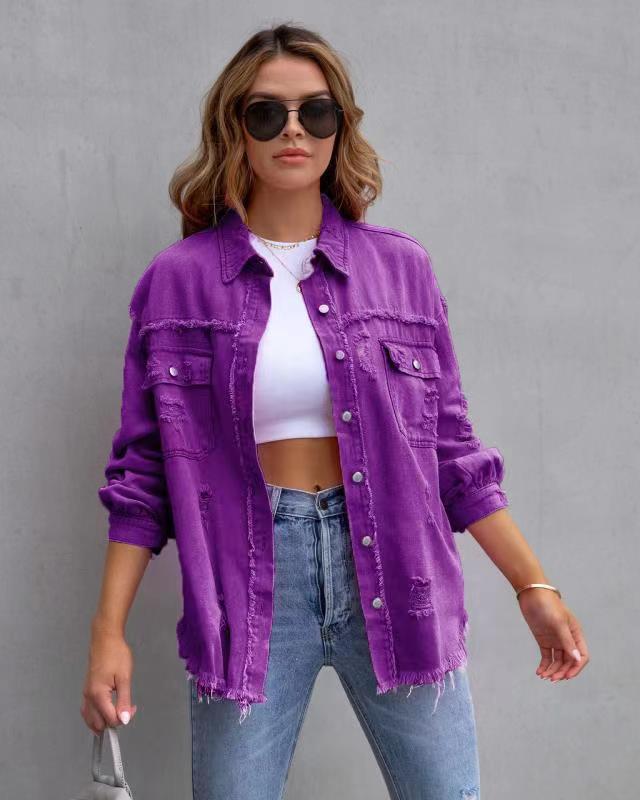 Picture of 2025 New European and American Style Mid-Length Raw Edge Ripped Denim Jacket Women's Autumn and Winter Long-Sleeved Casual Lapel Top