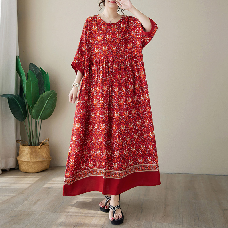 Large Size Dress Summer Round Neck Silk Printed Loose Short-sleeved Positioning Flower Simple Bohemian Dress 128