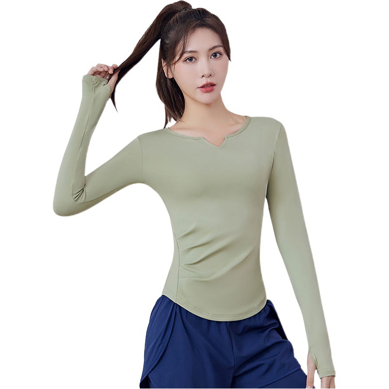Juyitang Spring New Running Sports Fitness Tight Women's Pure Color V Neck Pullover Long-Sleeved Yoga Top