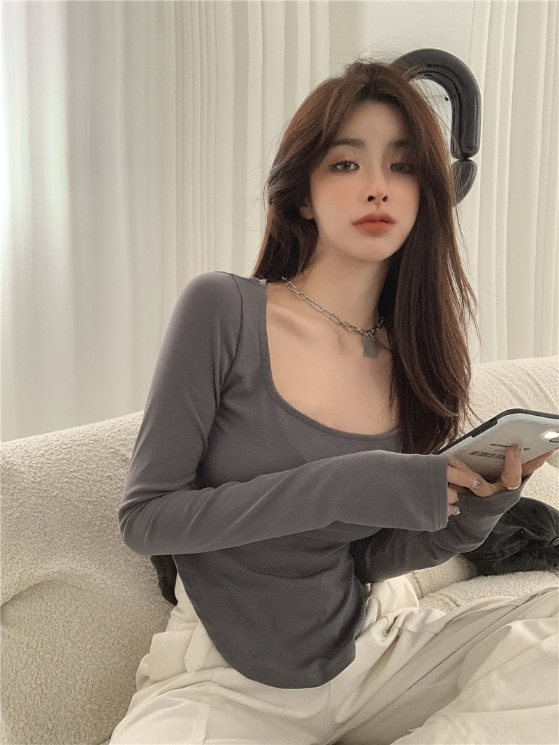 Long-Sleeved Base-Layer Shirt Women's Autumn and Winter Casual Large U-Collar Top Thin Student Slim-Fit Inner Irregular Girls' T-Shirt