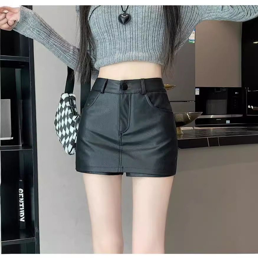 Y2K Sexy Pu Leather Skirt Women's Autumn and Winter 150 Short High Waist Hip A-Line Miniskirt XS to Look Taller
