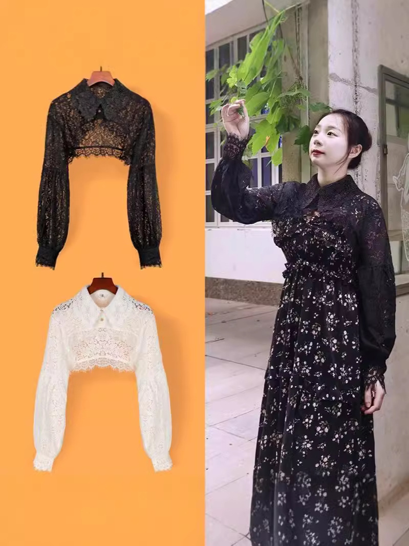 Summer Short Lace Top Women's Shirt Collar Long-sleeved Sun-protective Shirt Fashionable with Skirt Small Shawl Outer Cloak
