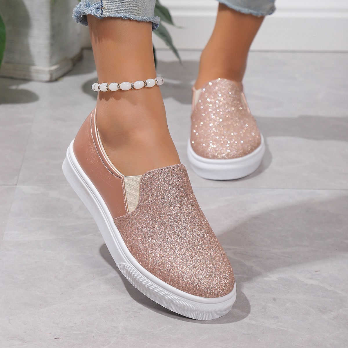 2025 Summer New Flat Sequin Low-Top Flat Single Shoes Women's Plus Size Round Toe Elastic Strap Foot Loafer Shoes