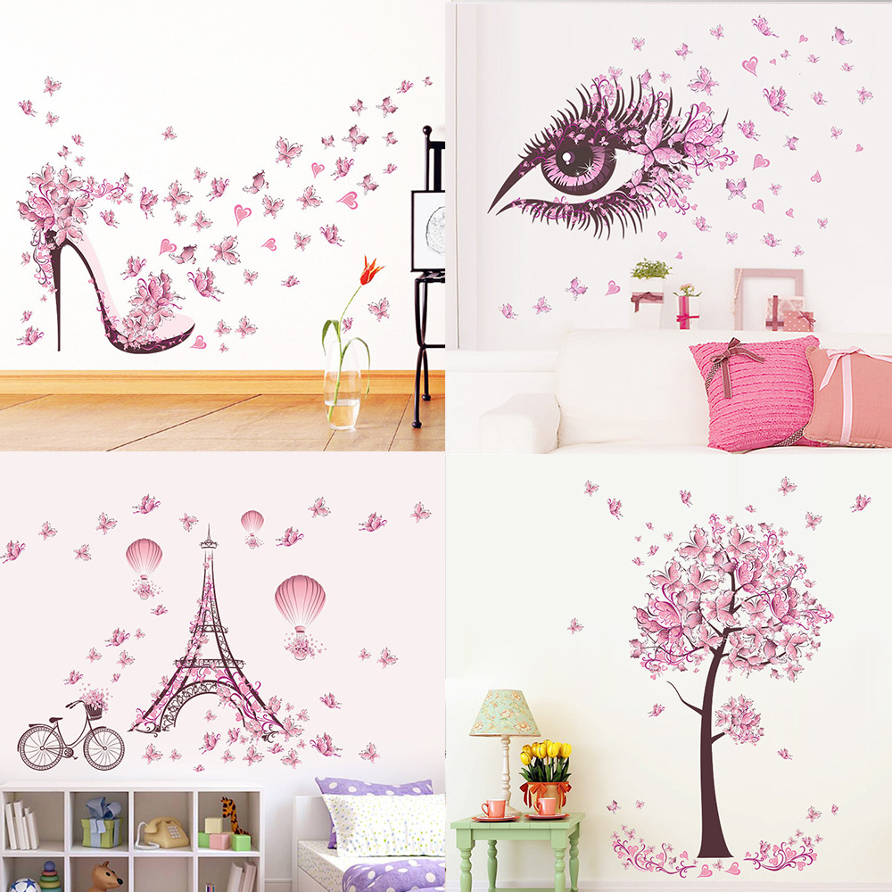 ZY073 pink butterfly high heels bedroom living room background wall stickers foreign trade wholesale removable wall stickers variety