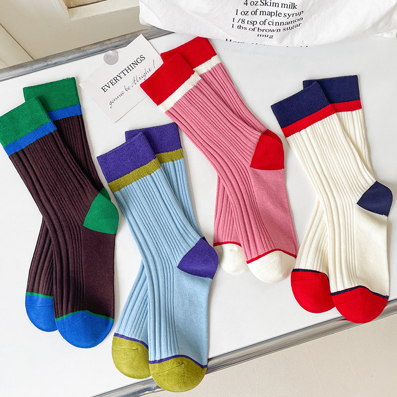 Light luxury internet celebrity color matching casual mid-calf socks men and women ins trendy modern retro pile socks girl pink cotton socks long