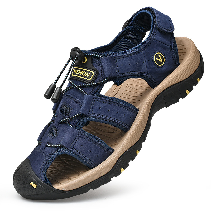 Summer Cross-Border Large Size Men's Outdoor Sports Toe-Toe Leather Sandals Casual Anti-Slip Rubber Sole Beach Shoes