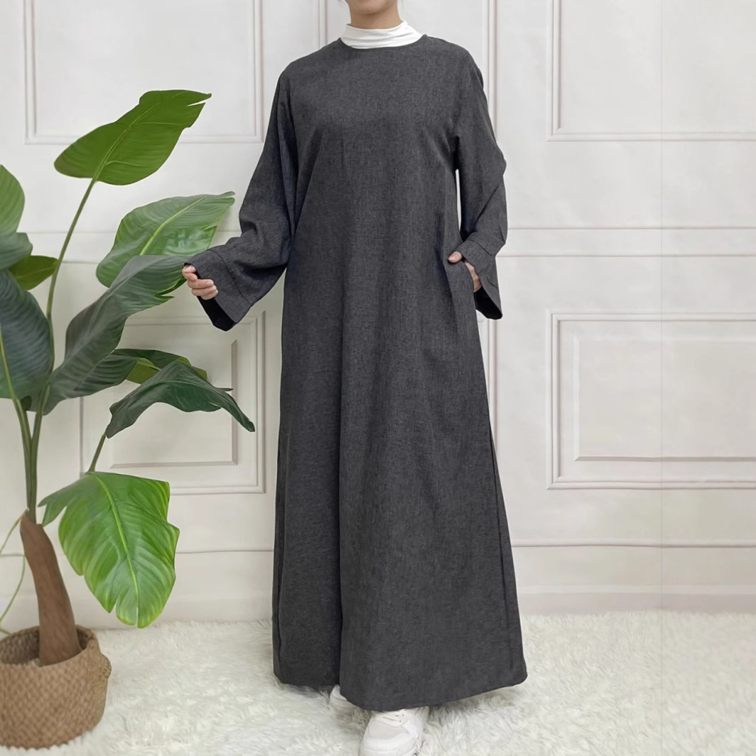 Picture of 2025 Middle East Cross-border Muslim Two-color Plain Long-sleeved Belt Basic Casual dress