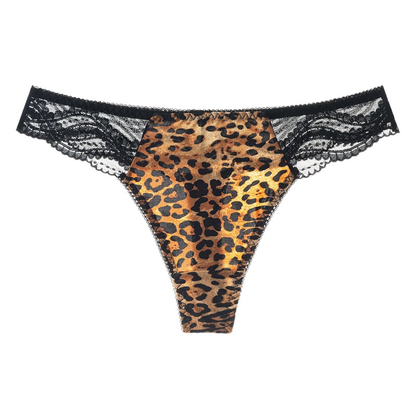 Si Erjian Ice Silk Seamless Leopard Print Sexy T-pants Lace Transparent Temptation High Elastic Low Waist Cotton Crotch Women's T-shaped Underwear