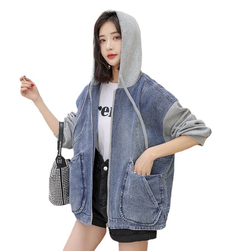 Picture of Hooded Denim Jacket for Women 2025 Spring & Fall New Style Splicing Loose Large Size Short Zipper Spring Top for Small People