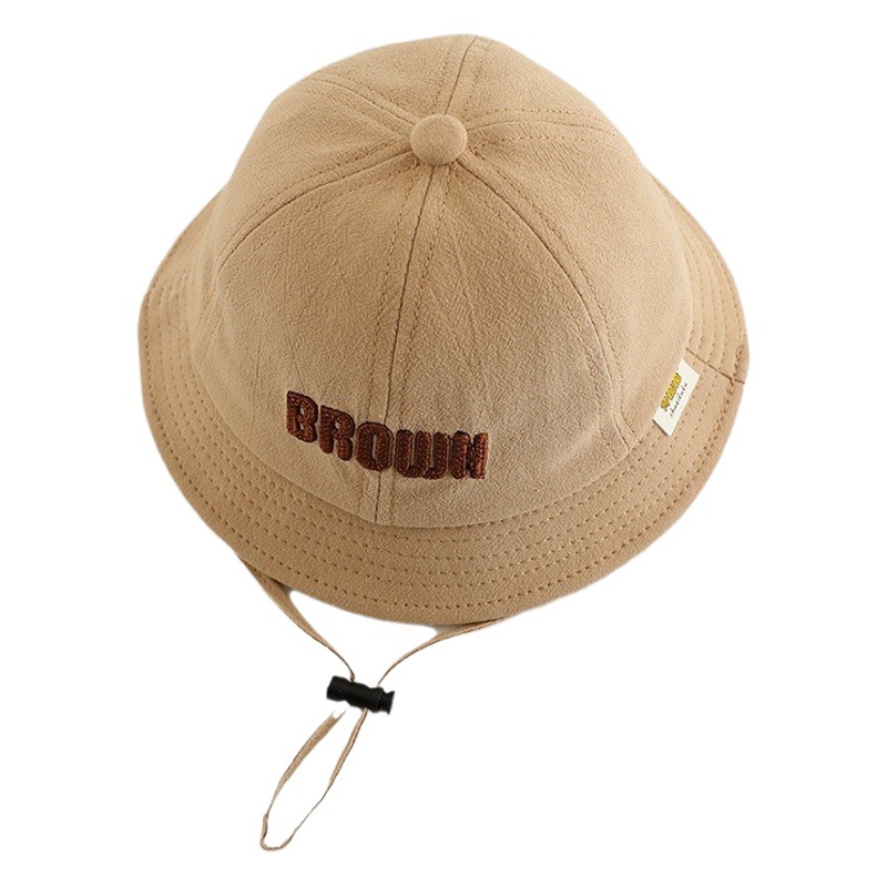 Embroidered Letter Fisherman Hat Children's Korean Style Spring and Autumn New Outdoor Sunshade Hat Wide Brim Windproof Rope Basin Hat