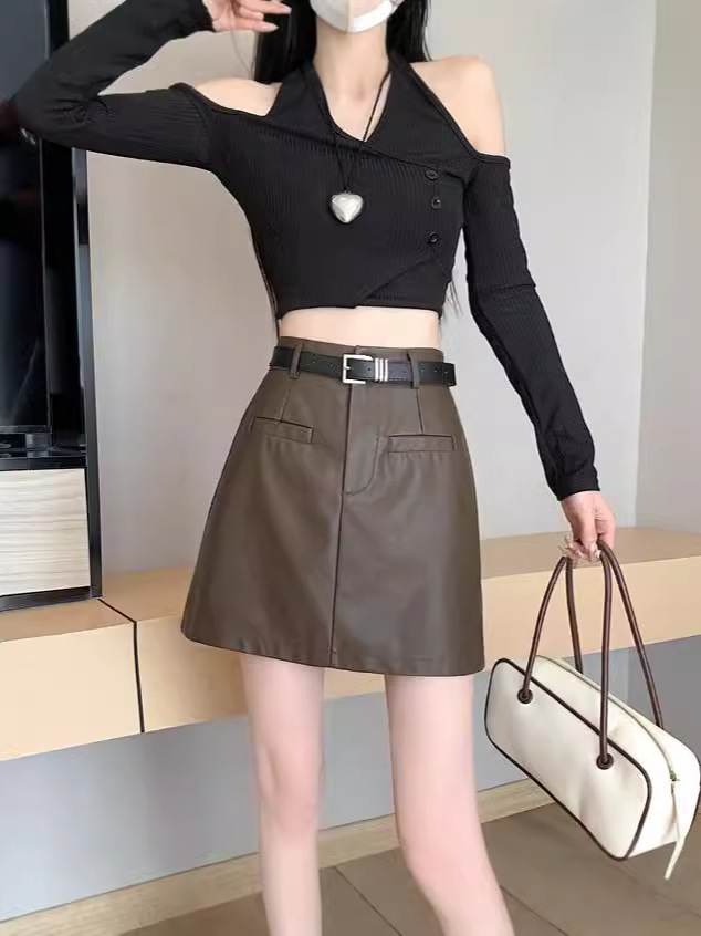 PU leather skirt women's spring and autumn 2024 new plus size chubby girl high waist slimming hip anti-slip A- half skirt