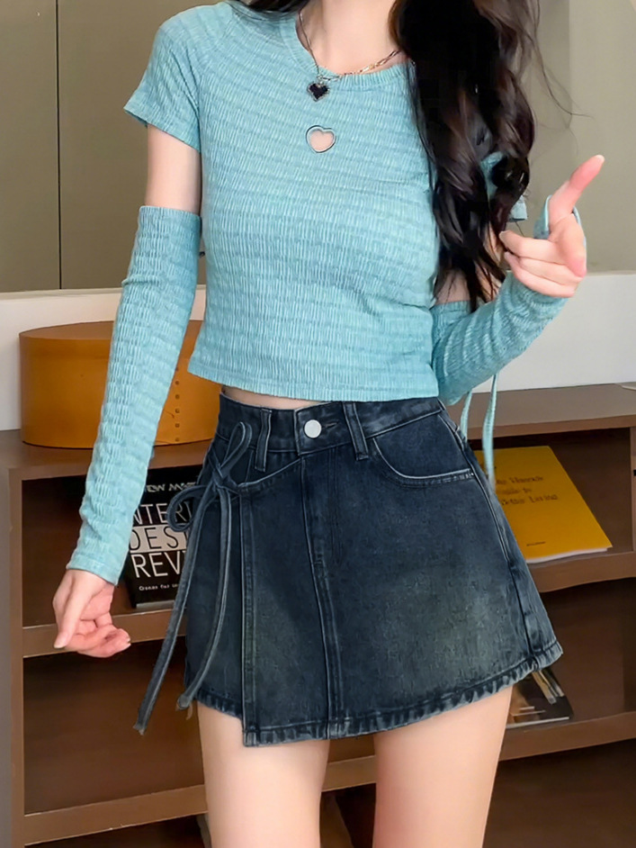Irregular denim short skirt pants women's new summer plus size fat mm high waist slimming pear shape figure A-line skirt