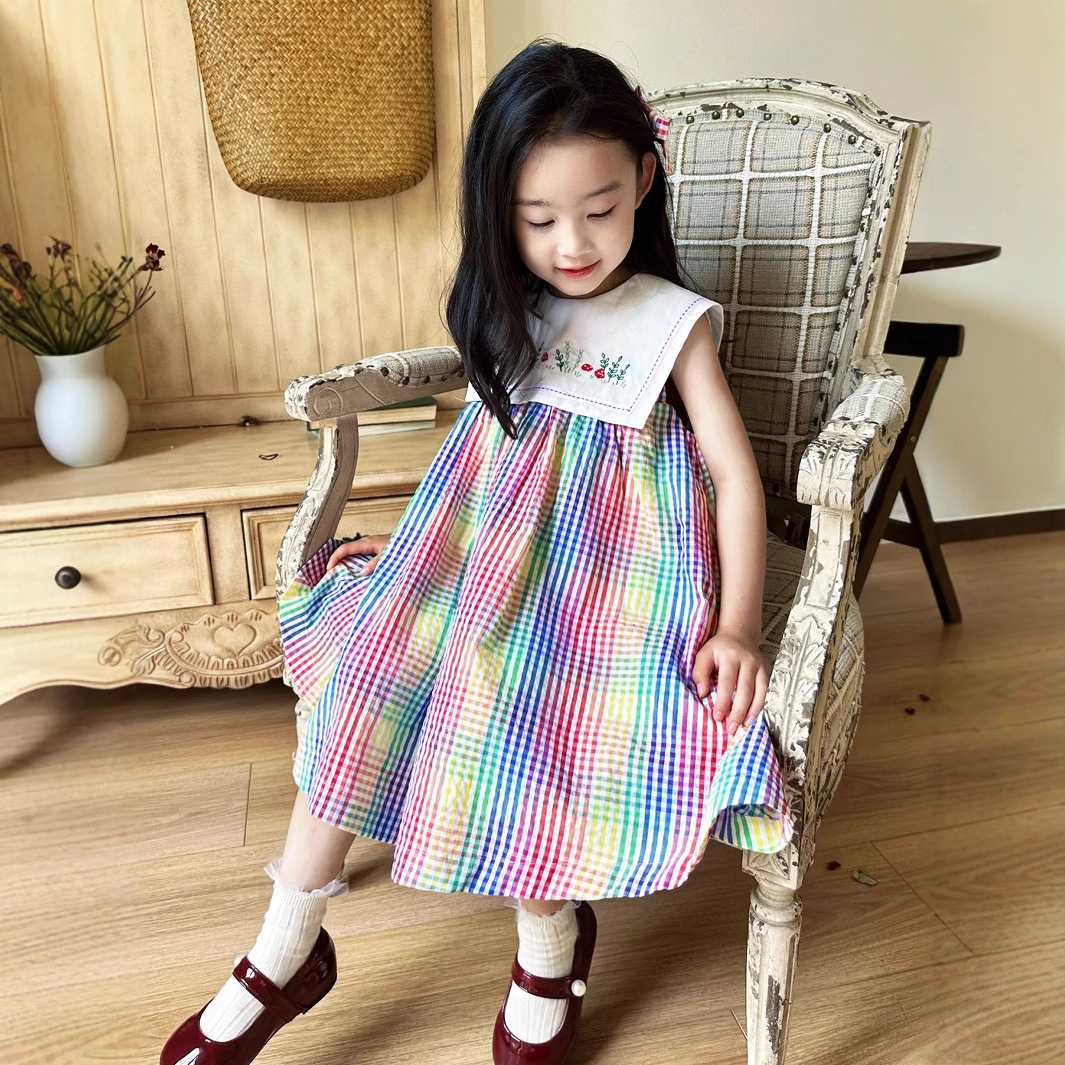 Girls dress summer new sweet rainbow large lapel sleeveless vest skirt children a generation of hair