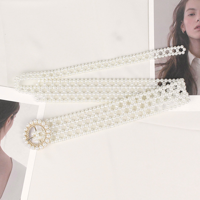 Picture of Fashion Sweet Elegant String Pearl Belt Elastic Wide Diamond Waist Seal European and American Retro Dress Decorative Belt for Women