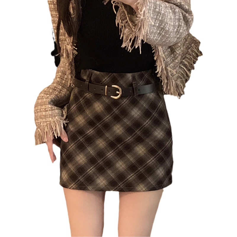 (Safety pants + invisible zipper) Hong Kong style retro plaid A- line skirt new Korean style women's high waist skirt