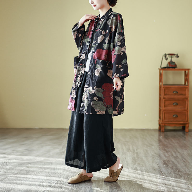 Real shot 25 spring retro flower fine ramie long shirt loose cardigan double button cotton long sleeve