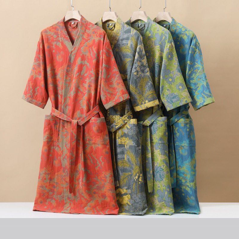 Pure Cotton Double Gauze Bathrobe Class A Spring and Summer Thin Pajamas Home Clothes Nightgown Couple's Water Absorbent Quick-drying Bathrobe