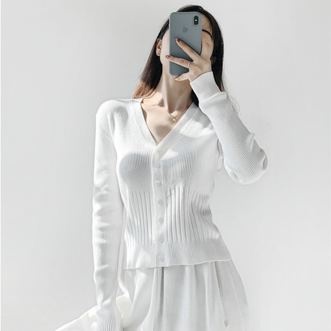 Picture of American V Neck Knitted Cardigan Female Internet Celebrity Spring & Fall Elastic Single-Breasted Sweater Sexy High-Waisted Short Crop Top