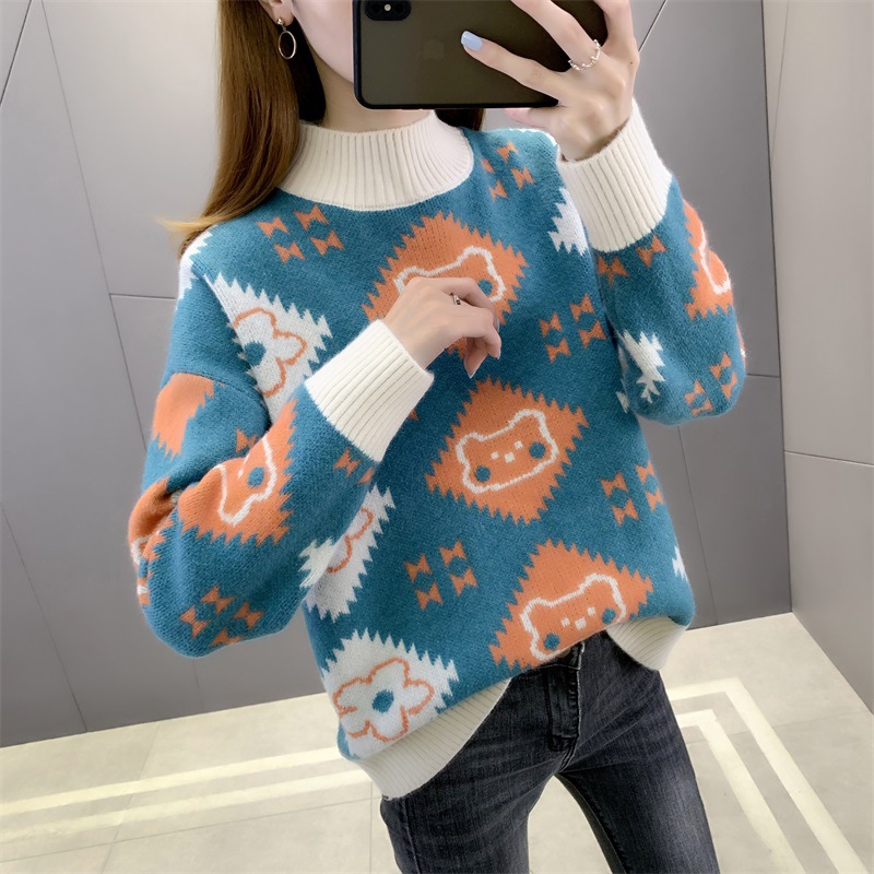 Picture of Thickened sweater women's autumn and winter 2024 new fashion jacquard loose half turtleneck bottoming sweater top