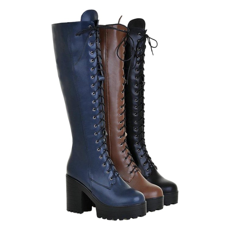High heel women's boots high boots side zipper boots long boots lace-up chunky heel Martin boots plus size shoes hair generation