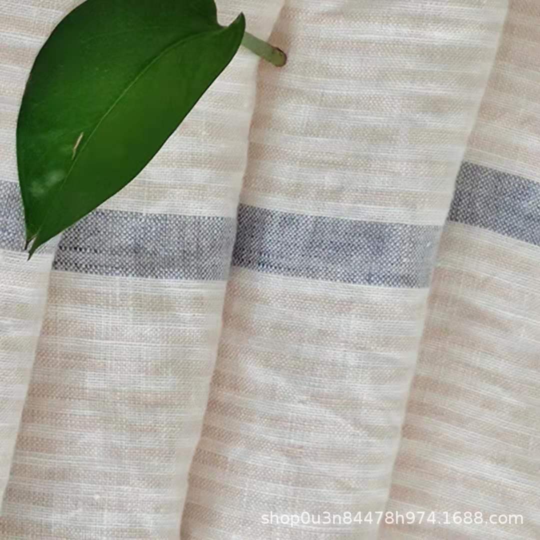 Pure Linen Beige Dark Blue Stripesd Combination Series Cloth Linen Wide Pinstripe Dark Blue Extra Wide Washed Fabric