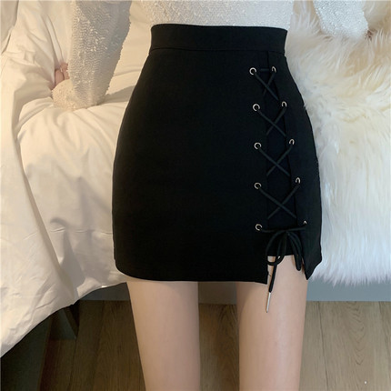 2024 Spring and Summer New Black Cross Strap Irregular Skirt Women's High Waist Slimming A- line Hip Short Skirt