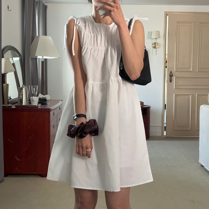 in stock South Korea Chic Niche Retro Pleated Bow Lace-up Sleeveless Vest dress Women