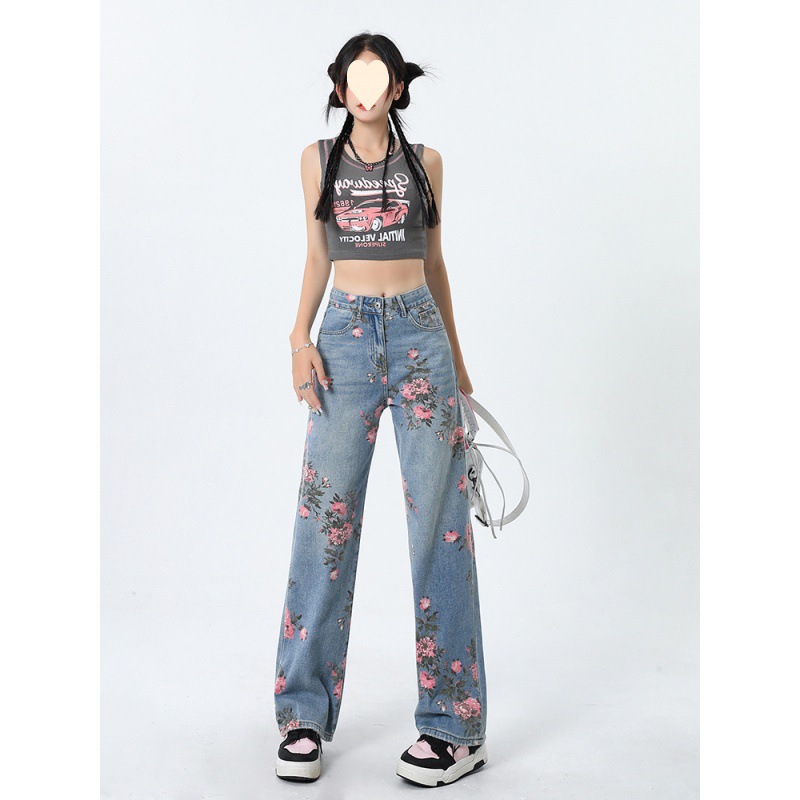 Jeans Printed 2024 Trendy Jeans Women's Straight Wide Leg Pants Summer Thin High Waist Slim Look Rose Flower Pants
