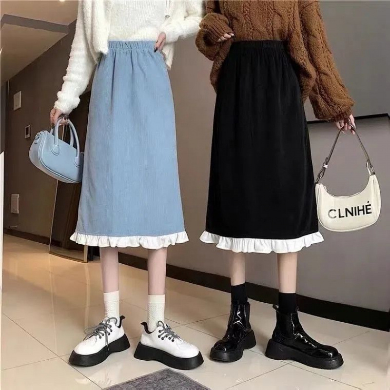 Corduroy Split Skirt Blue Lace A- Line Skirt High Waist Mid-Length Slimming Fairy Skirt All-Match Pure Desire
