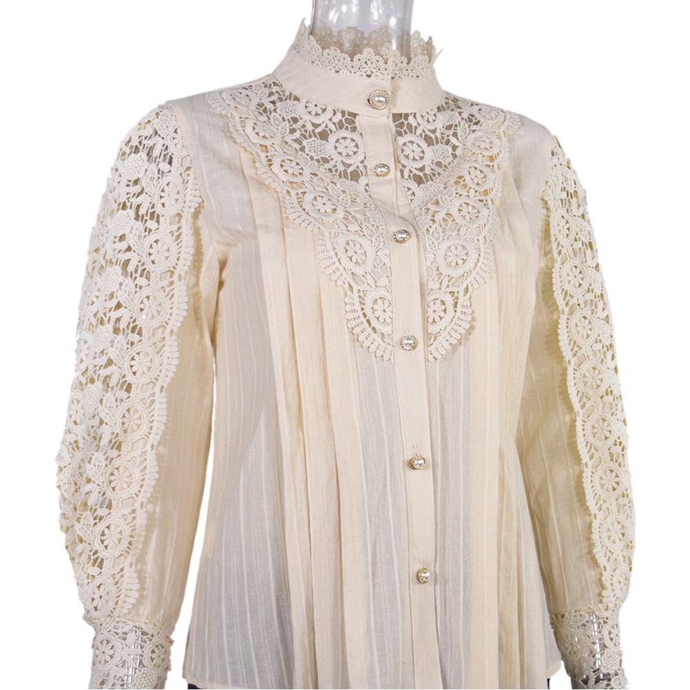 Amazon AliExpress Cross-border New Women's Lace French Hollow Lace Long Sleeve Collar Cotton All-match Women's Shirt