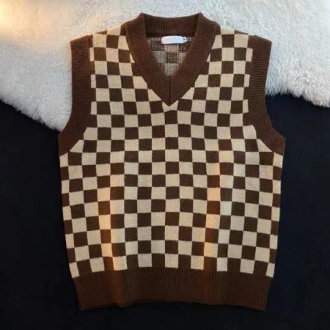 Picture of Spring and Autumn 2022 New Vest Knitted Women's Checkerboard V-Neck Top Lazy Style Outer Sweater Jacket