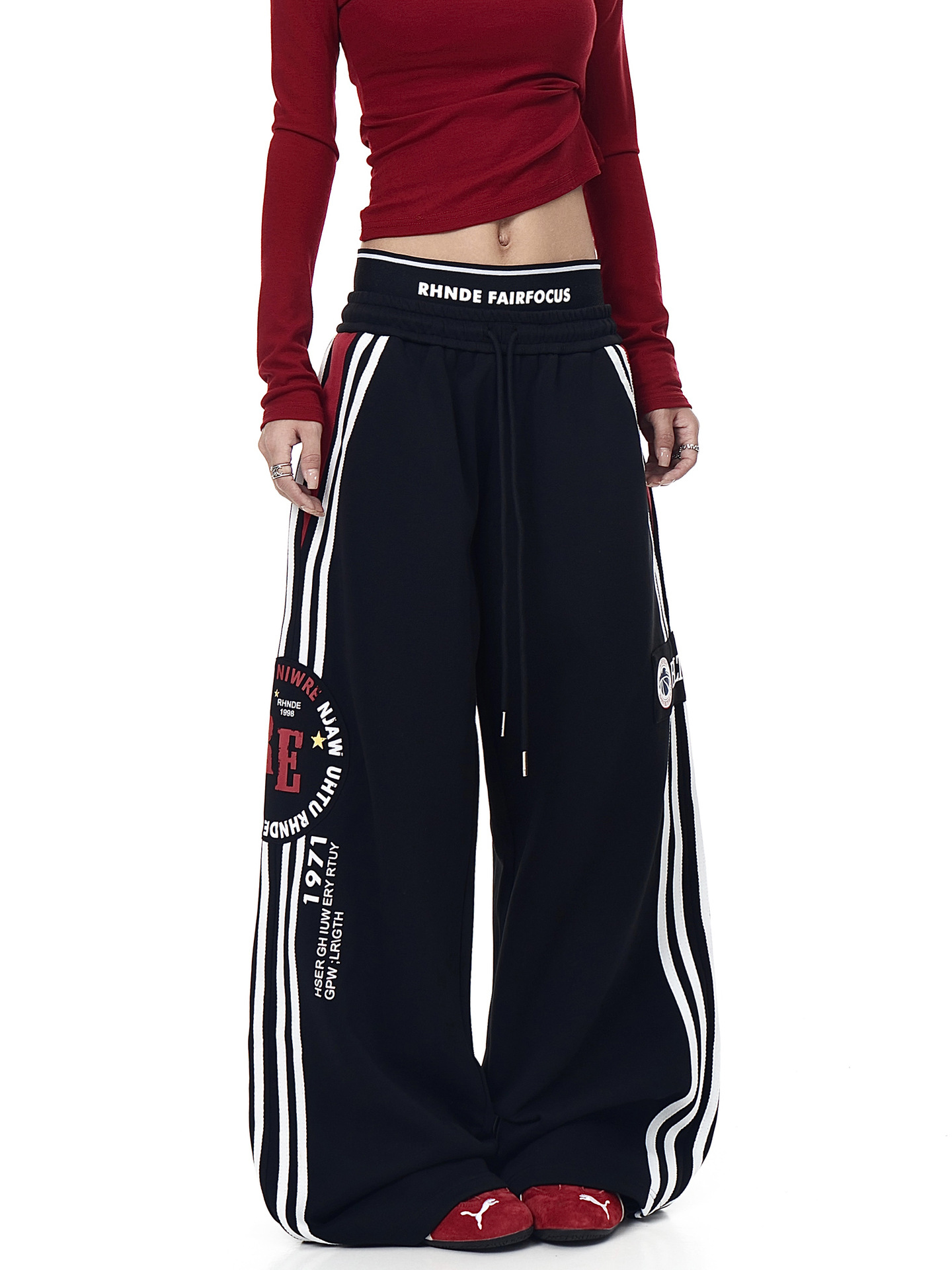 American cool side striped sweatpants women's spliced drawstring straight leg wide leg sports dance casual trousers