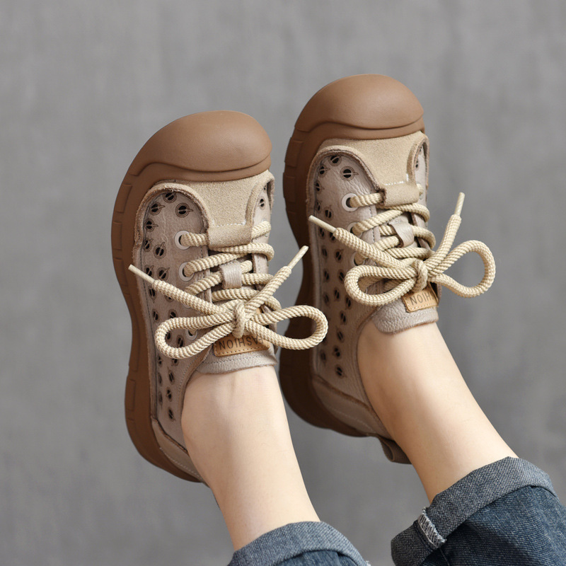 First-Layer Cowhide Toe-Toe Clogs, Cut Out Sandals, Flat-Heeled Retro Shoes, 2025 Spring and Summer New Lace-Up Casual Women's Shoes