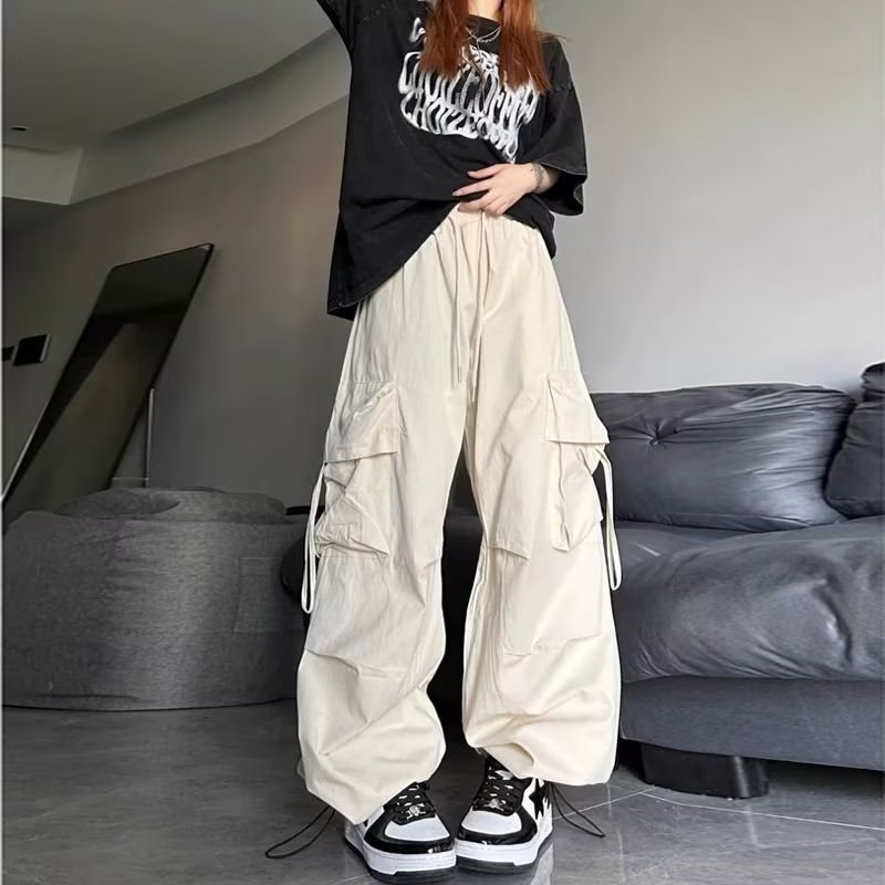 Summer Thin American Style High Street Loose Wide-leg Overalls Women's Solid Color High Street Trousers Blue and Black