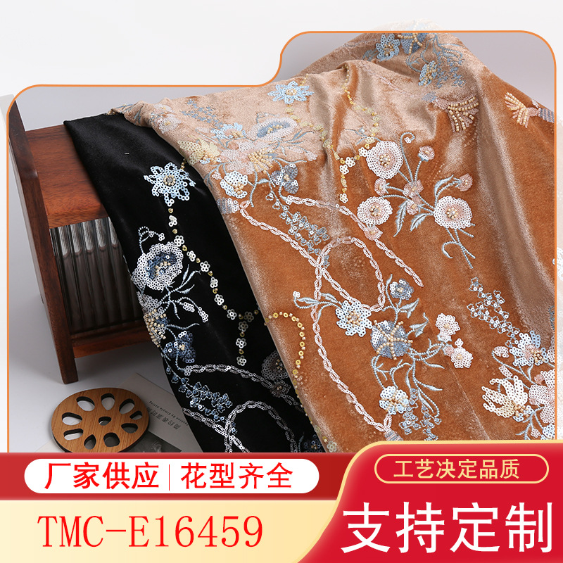 Velvet Sequin Embroidered Classic Hermes Rimbon Embroidered Style Cheongsam Long Dress Fabric